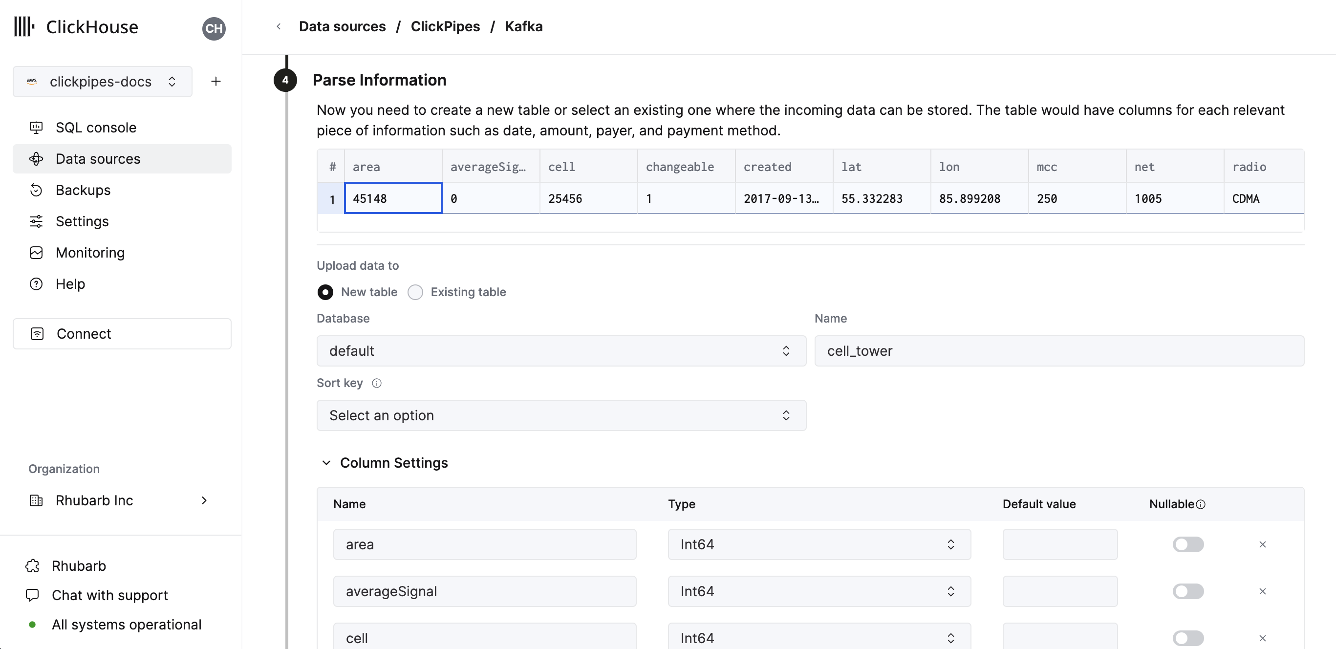 Set table, schema, and settings